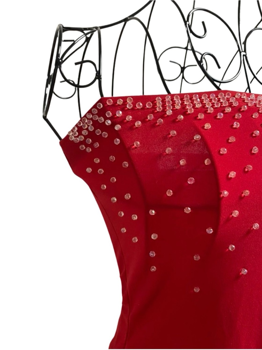 Red Y2K Vintage Asymmetrical Tube Crop Top Sparkle Bead Bodycon Medium Sexy Emo - Picture 4 of 9